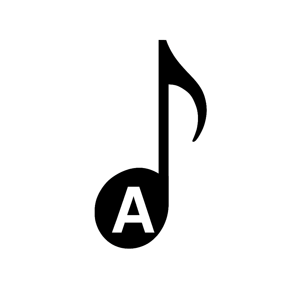 Black musical note with the letter A inside the note head on a white background.