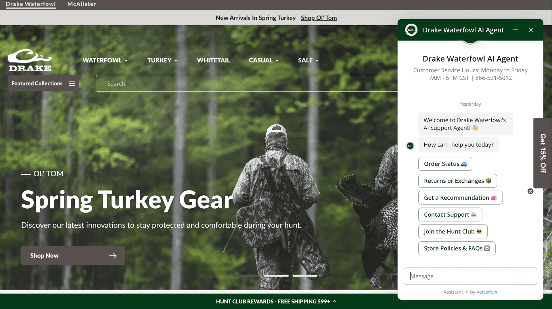 Website screen showing a hunter in camo gear with an AI chat support widget on the side.