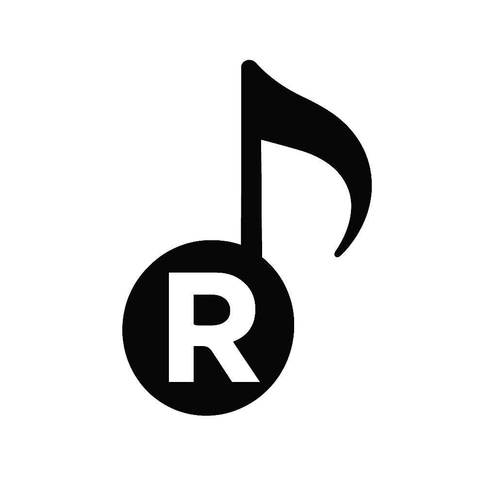 Musical note with letter R inside a black circle on a white background.