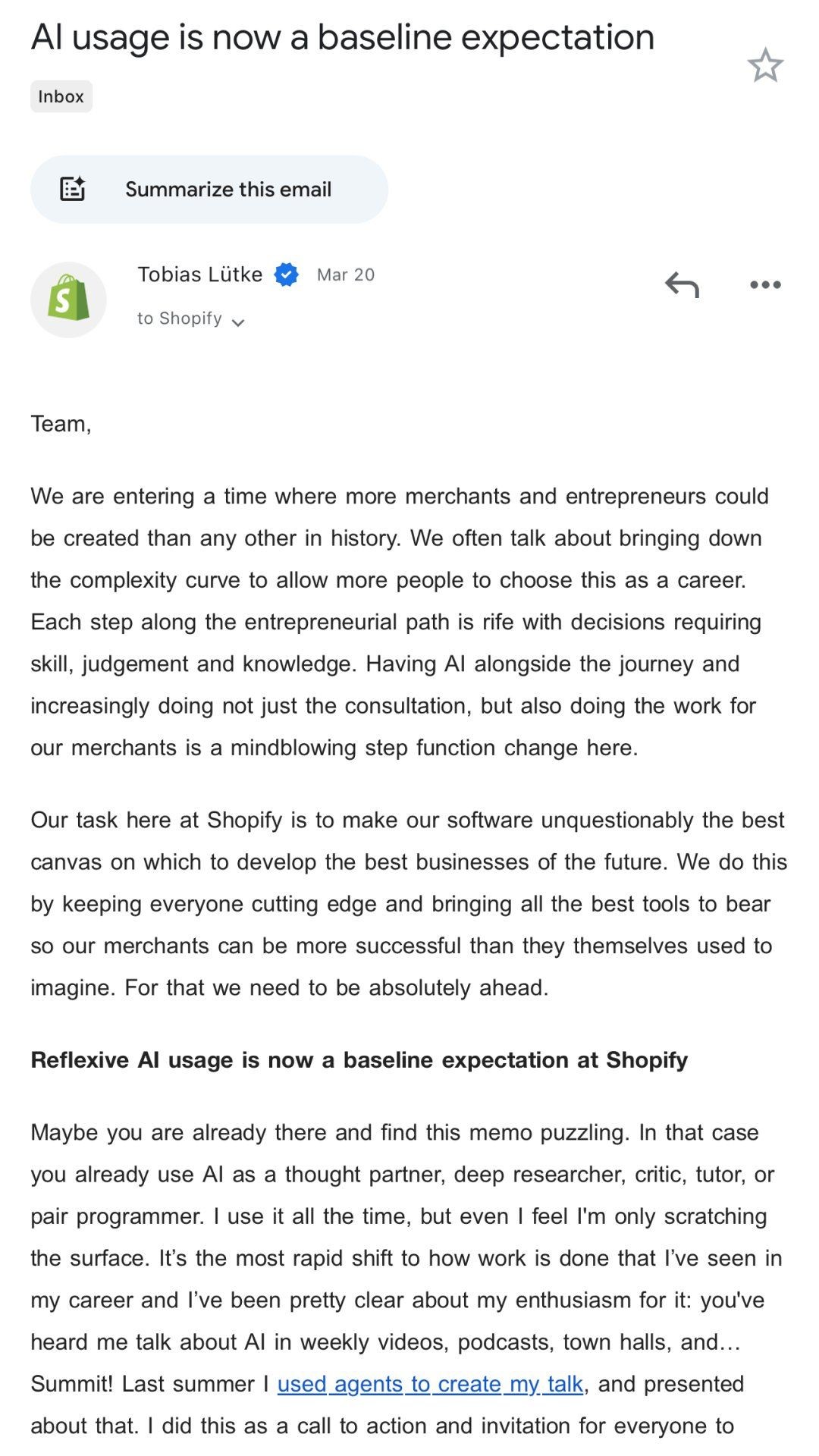 Email with header 'AI usage is now a baseline expectation' discussing AI integration at Shopify.